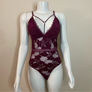 Plum lace strappy removable pads teddy lingerie bodysuit